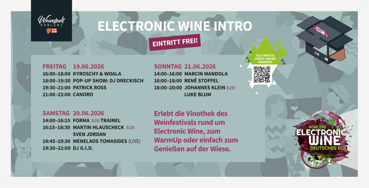 Tijdschema Elektronische wijn INTRO 2026 © Koblenz-Touristik GmbH TimeTable | Electronic Wine INTRO Vinothek © Koblenz-Touristik GmbH
